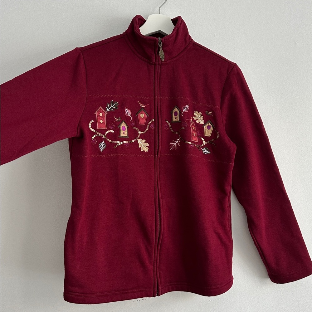 Vintage Tradition Red Embroidered Fall leaves Zip Up Jacket Small
